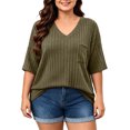 thumbnail image 2 of vdgthytj Womens Plus Size Tops Short Sleeve V-Neck Ribbed Knit Sweater Loose Fitted Summer Casual Tunic with Pocket, 2 of 7