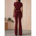 thumbnail image 6 of Women's 2-Piece Lounge Set with Ruched Short Sleeve Top and High-Waist Wide Leg Pants Wine Red XL, 6 of 10