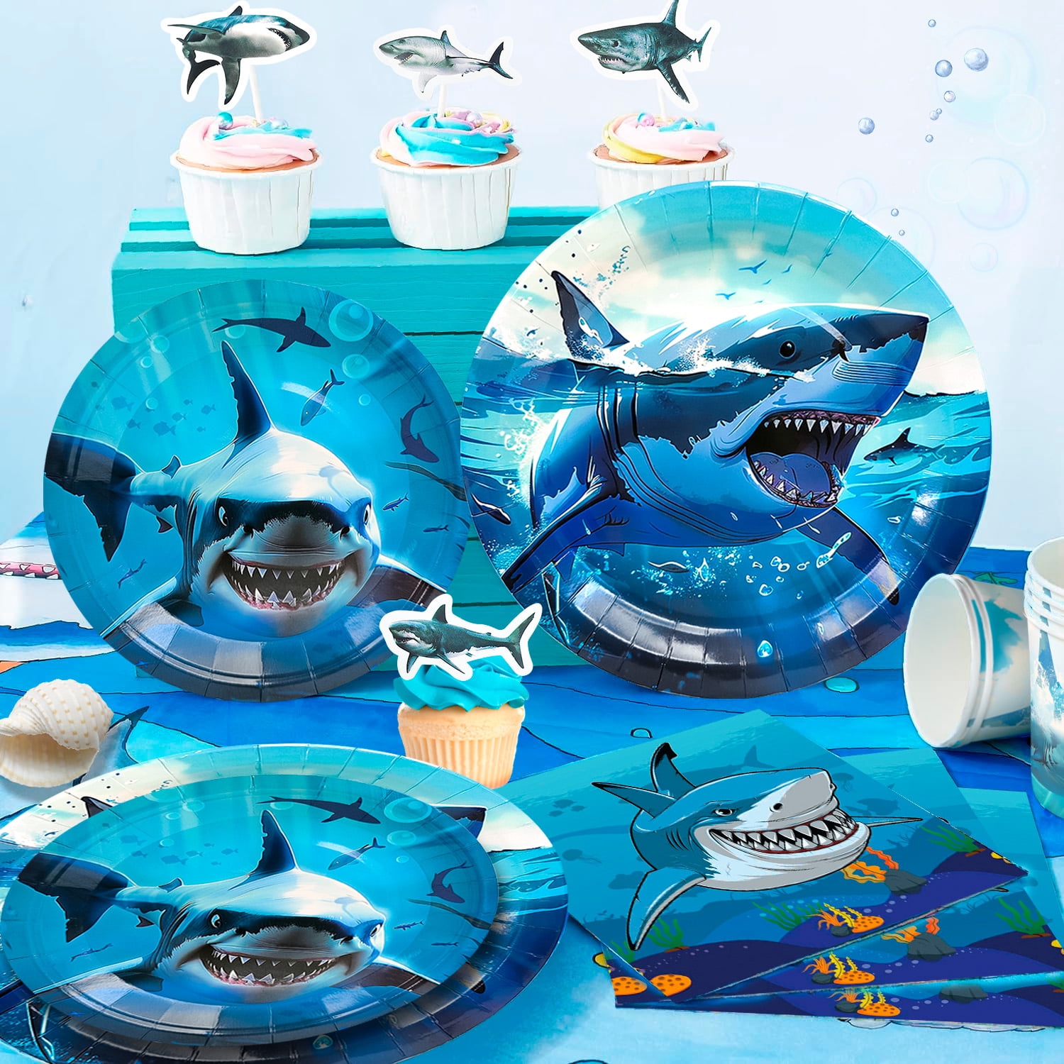 Shark Birthday Party Decorations,Shark Party Decorations & Shark Tableware Set- Shark Plate Cups Napkins & Shark Birthday Banner Balloons Cupcake Toppers etc Shark Birthday Party Supplies