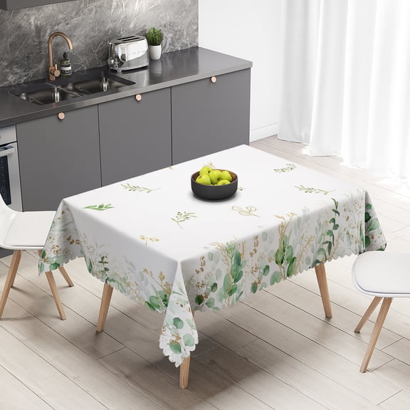 Nanqianyi Eucalyptus Leaves Tablecloth 60" x 84" White Waterproof Tablecloth for Dinner