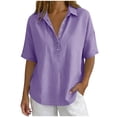 thumbnail image 4 of Hngshg Plus Size Tops for Women Linen Button Collared Comfy Short Sleeve Solid Color Casual Blouses Summer Vacation Going out Tops, 4 of 7