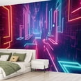 thumbnail image 2 of Peel and Stick Wallpaper Canvas 80s Neon Retro Synthwave 3D Labyrinth Modern Art Wall Mural Decor Self Adhesive and Removable 69in x 98in, 2 of 8