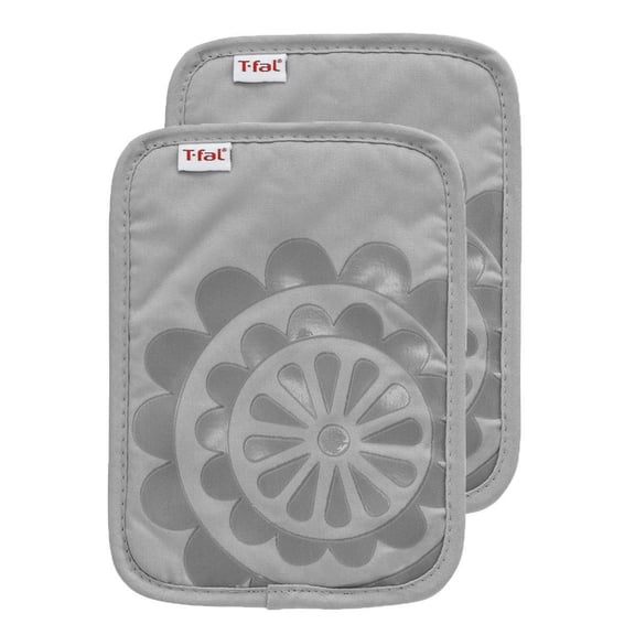 T-fal Medallion Print Silicone and Cotton Twill Pot Holders, Two Pack, Gray