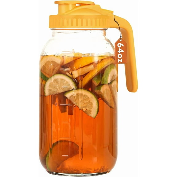 SUMMIT Glass Pitcher with Lid, 64 OZ Mason Jar Pitcher Double Leak Proof, 2 Quart Breast Milk Storage Containers for Fridge, Wide Mouth Glass Jar for Sun Tea, Juice, Cold Brew Coffee