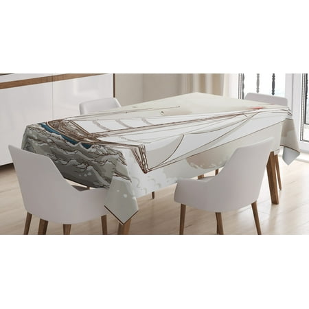 Antique Yacht Vintage Tablecloth, Illustration of a Retro View of Antique American Yacht with Flags Ocean, Rectangular Table Cover for Dining Room Kitchen, 60 X 84 Inches, Light Grey Tan White, by Ambesonne ()