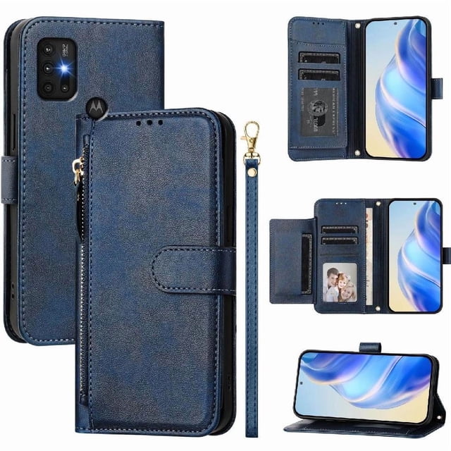 Funda para Motorola MOTO G10 POWER con cremallera tipo cartera, tarjetero, marco de fotos, soporte y cordón, de piel sintética. azul