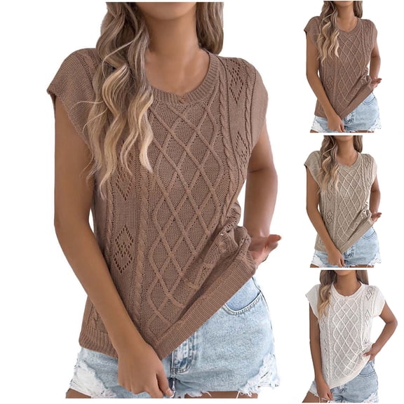 Horkkom Short Sleeve Sweater for Women Crew Neck Solid Color Pullover Sweaters Summer Loose Casual Tops L