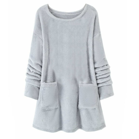 Womens Plush Jacket Winter Warm Up Full Velour Sweatshirt Round Neck Long Sleeve Casual Loose Coat With Pockets,Gray,XL