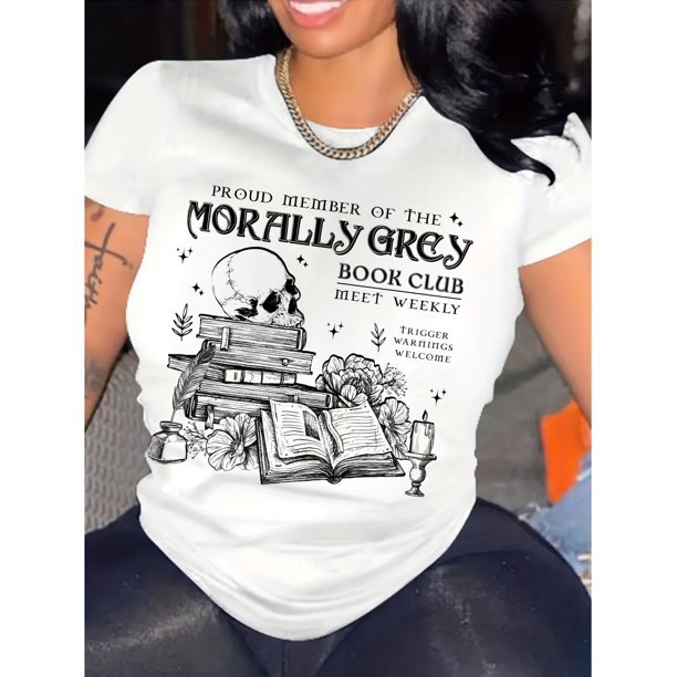 Camiseta de cuello redondo con estampado de calaveras y libros, top informal de manga corta para primavera y verano, ropa de mujer, camisetas informales