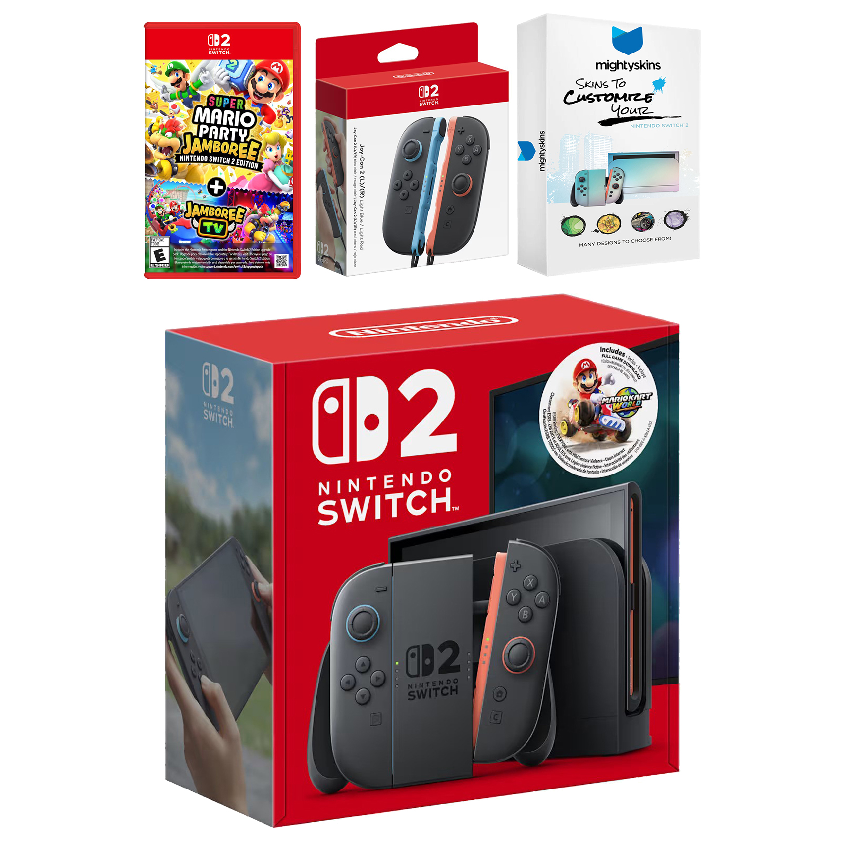 Nintendo Switch 2 + Mario Kart World Bundle with Super Mario Party Jamboree, Extra Joy-Cons and MightySkins Code Bundle