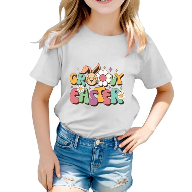 PMVFHDE Hauts Mignons pour Filles, T-shirt Graphique pour Filles, T-Shirts d'Été pour Filles, T-Shirts Originaux pour Filles, T-Shirts Graphiques Mignons de Pâques pour Enfants, Col Rond, Manches Courtes, T-shirt Décontracté d'Été Blanc, 3-4 Ans