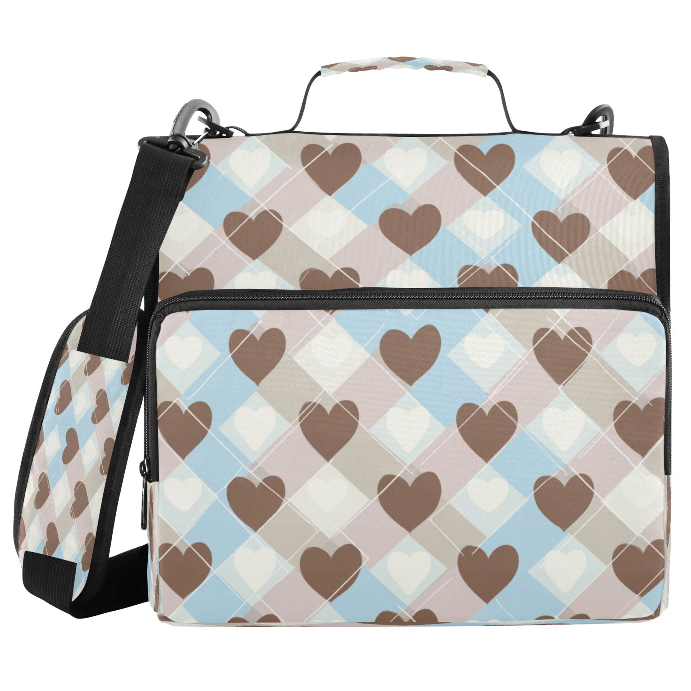 3 Ring Zipper Binder Stationery Organizer for Study Work Home Travel, All-Purpose File Folder Storage Bag for Daily Document Organization Neutral Brown Blue Heart Print