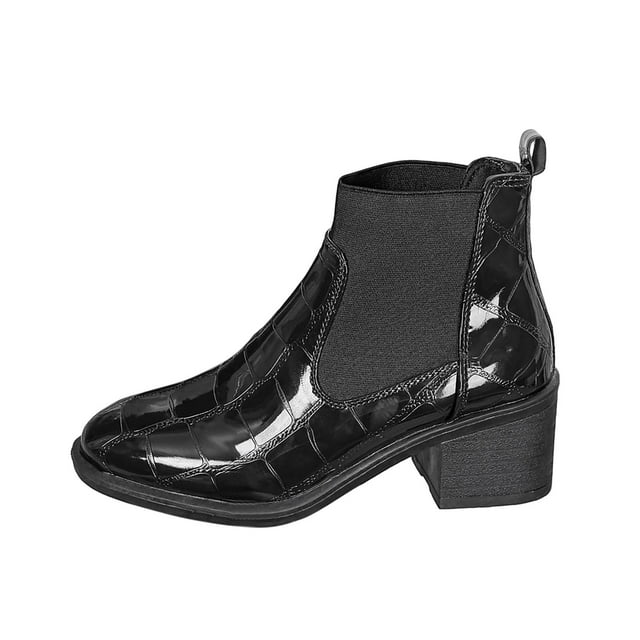 Birdeem Bottes d'Hiver pour Femmes à la Cheville, Mode Décontractée, Bout Rond, Cuir Verni Uni, Talon Bas Épais, Bottes d'Hiver pour Femmes, Bottes pour Femmes à Talon