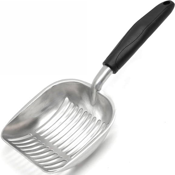 Sturdy Metal Cat Litter Scoop with Reinforced Comfort Handle, Heavy Duty Scoop with Double Mesh Design, Black
