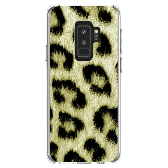 DistinctInk Clear Shockproof Hybrid Case for Samsung Galaxy S9  PLUS (6.2" Screen) - TPU Bumper, Acrylic Back, Tempered Glass Screen Protector - Yellow Black Leopard Fur Skin Print
