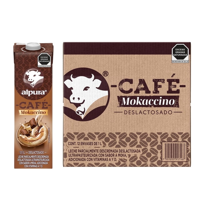 Alpura Café Mokaccino elaborado con leche 100% de vaca y extracto de café 100% mexicano, deslactosado, adicionado con vitaminas A y D. Paquete de 12 piezas de 1Lt cada una. Sabor