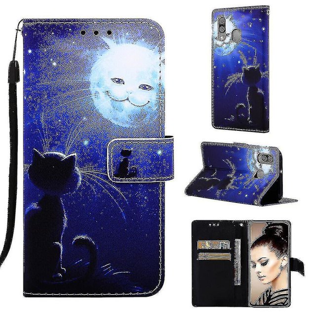 Compatible With Samsung Galaxy A40 Case Leather Flip Wallet Cover With Card Slot Holder Kickstand Pattern - Cat And Sun