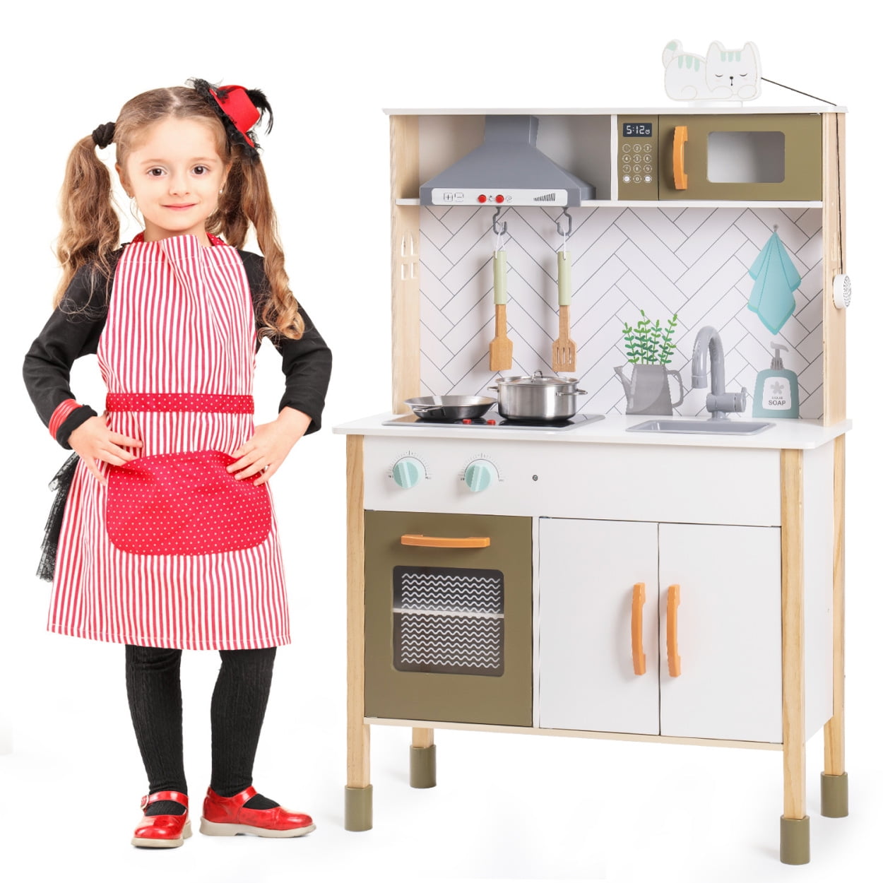 Play Kitchen Set for Kids, Wooden Large Pastel Play Kitchen, Kids