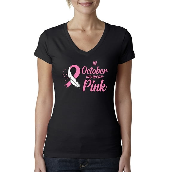 In October We Wear Pink Awareness Womens V-Neck Tee, Black, Small