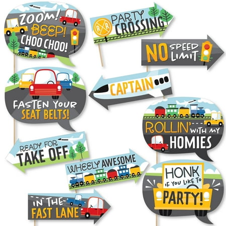 Big Dot of Happiness Funny Cars, Trains, and Airplanes - Transportation Birthday Party Photo Booth Props Kit - 10 Piece