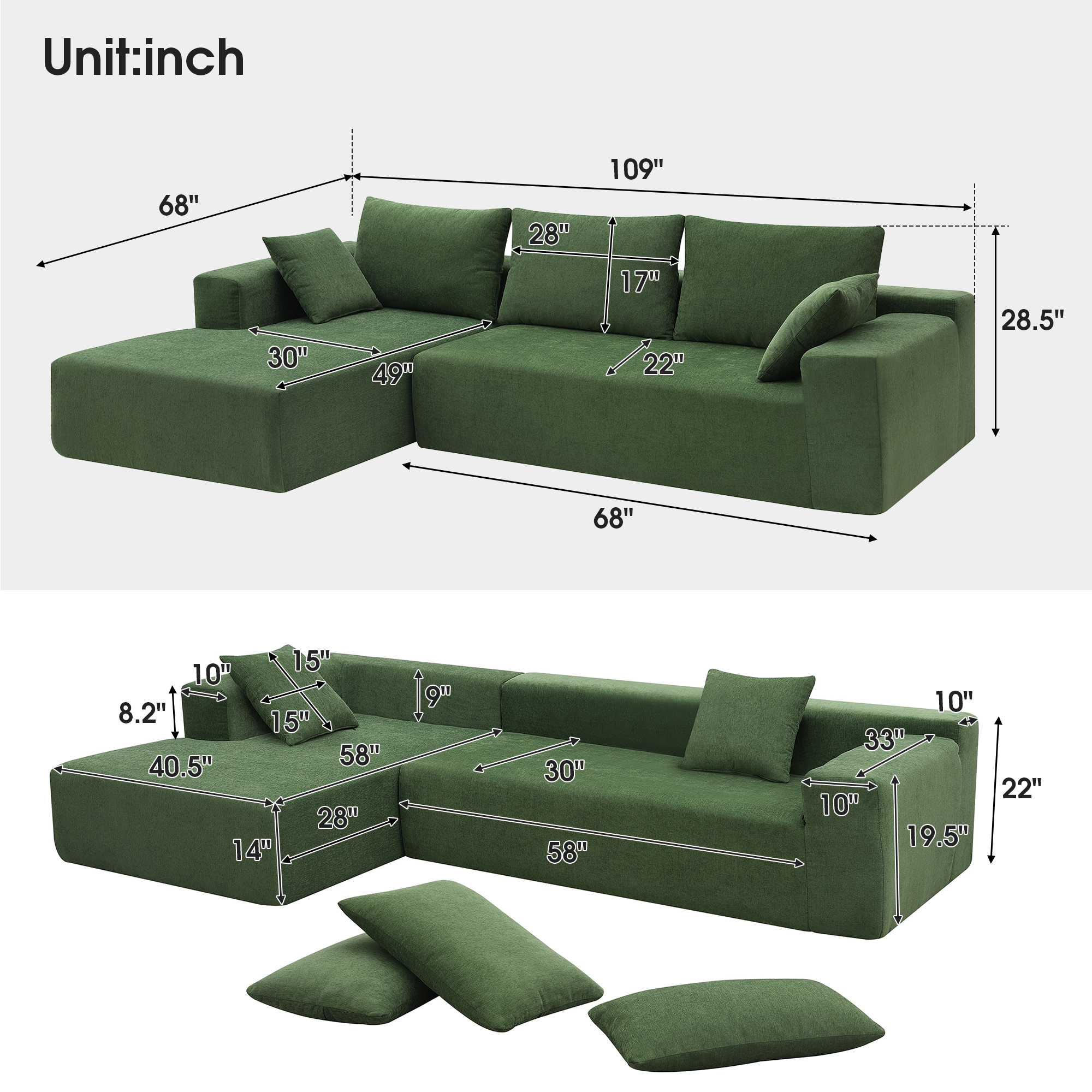 DEALTOPS Modern L-Shape Convertible Sectional Sleeper Sofa Bed Set - Upholstered Modular Sofa Couch for Living Room - Green