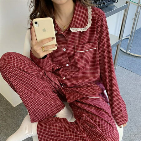 

CoCopeaunt Korean Style Plaid Womens Pajamas Sleepwear Set Woman 2 Pieces Winter Long Sleeve Top with Pants Suits Pijama Pyjamas