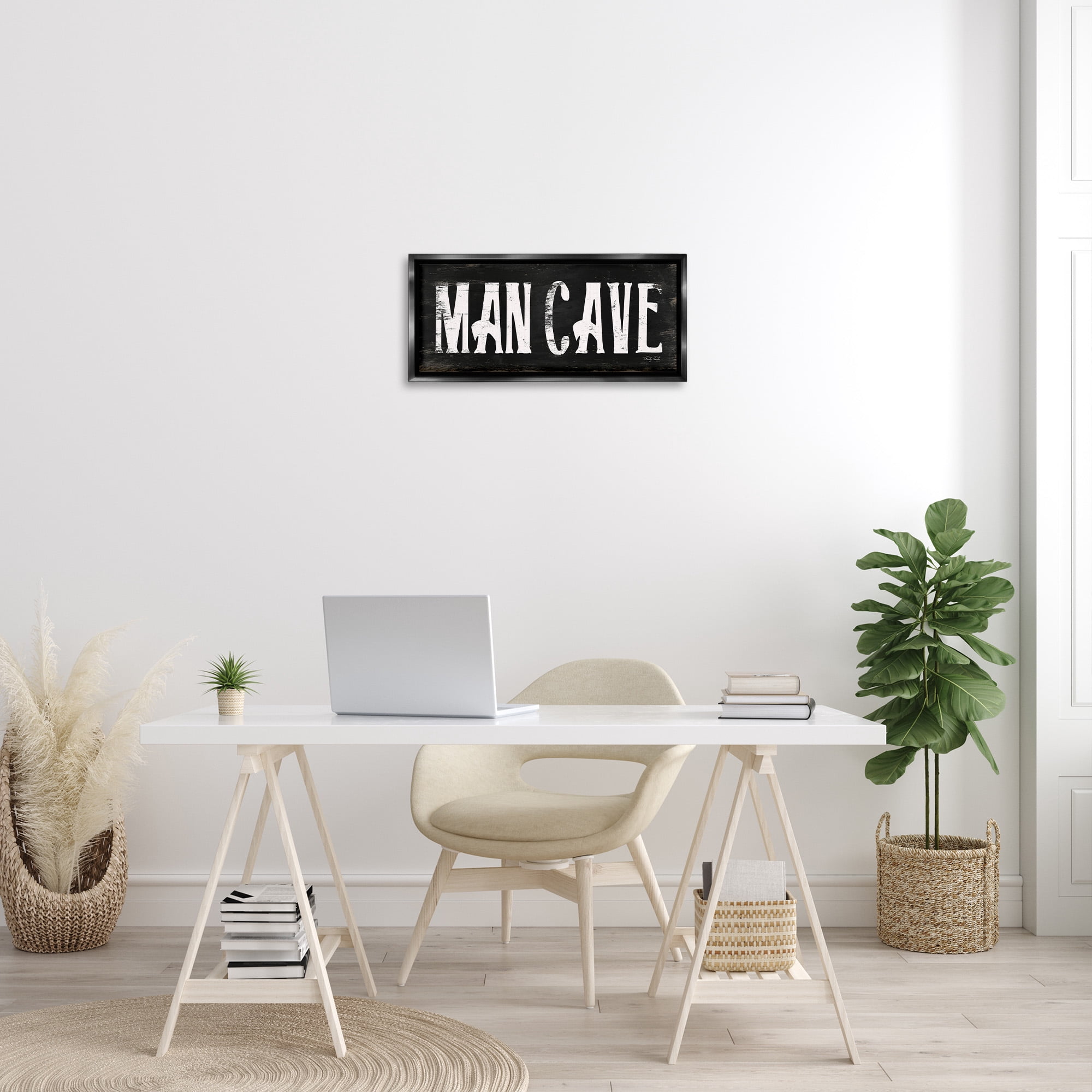 Stupell Industries Man Cave Black And White Typography Painting Black Floater Framed Canvas Art Print Wall Art, 25 x 11