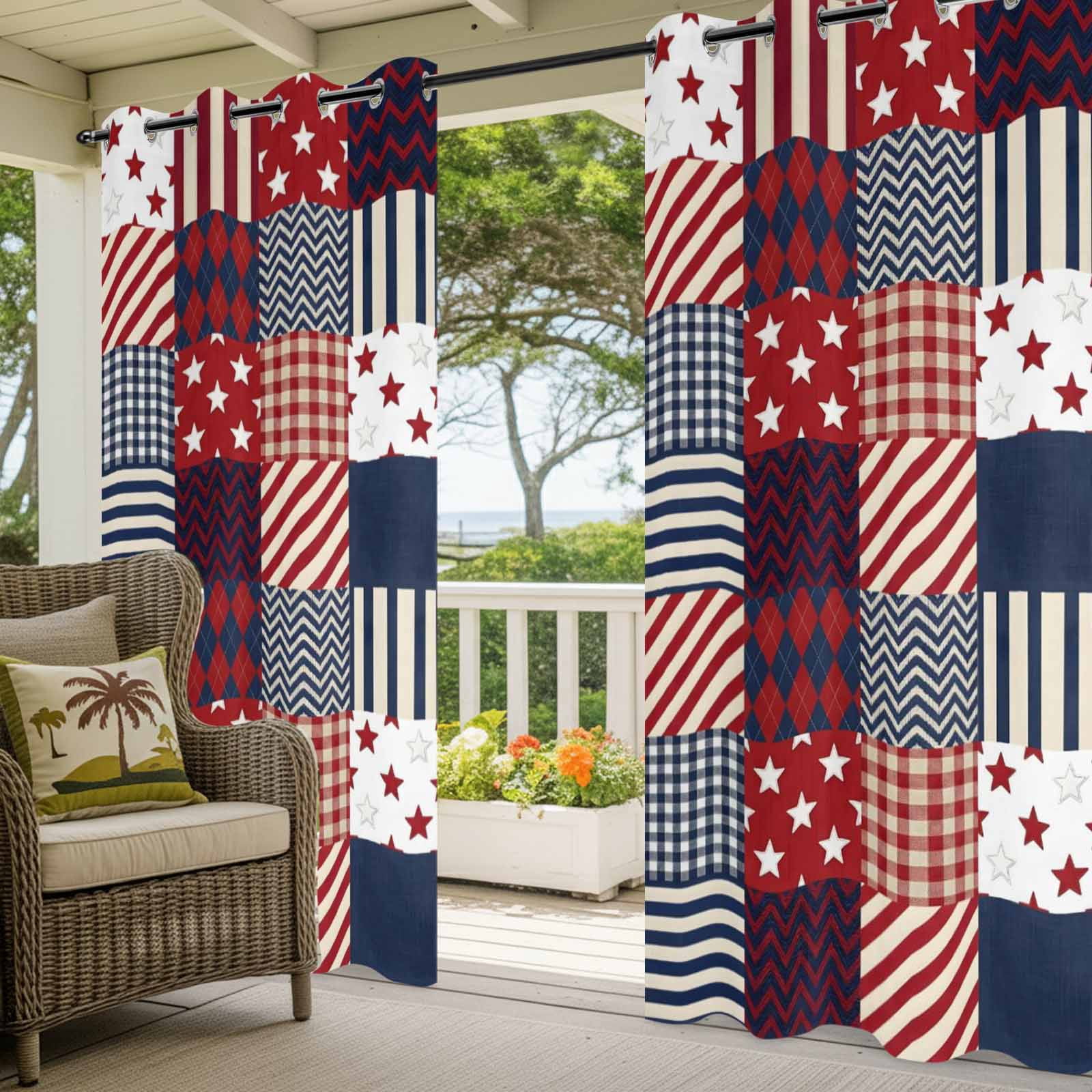 4th of July Independence Day Outdoor Curtains for Patio, Red Blue Star Striped Patchwork Sunshade Privacy Drapes Grommet Waterproof Outside Curtains for Porch/Cabana/Balcony 54"x 108", 1 Panel
