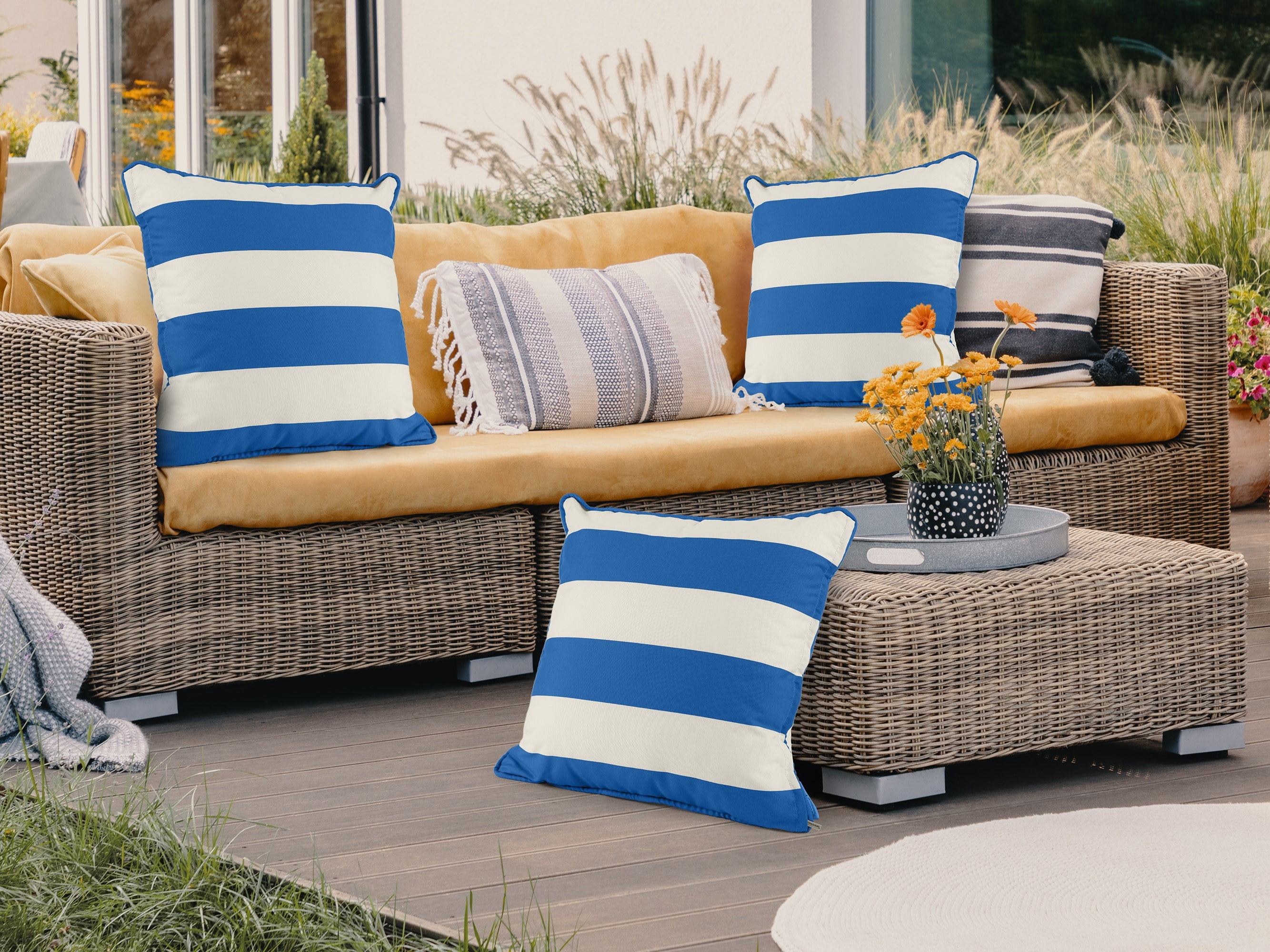 Covermates Throw Pillow - Weather Resistant, Full Side Zipper, LuxeGuard Collection, Royal Blue Stripe