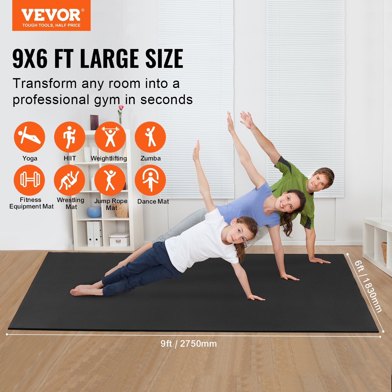 VEVOR Exercise Mat, Non Slip High Density Premium Yoga Mat, Exercise Yoga Mat for Men & Women, Fitness & Exercise Mat with Bag & Carry Strap, for All Types of Home Yoga, Floor Workout (9x6ft)