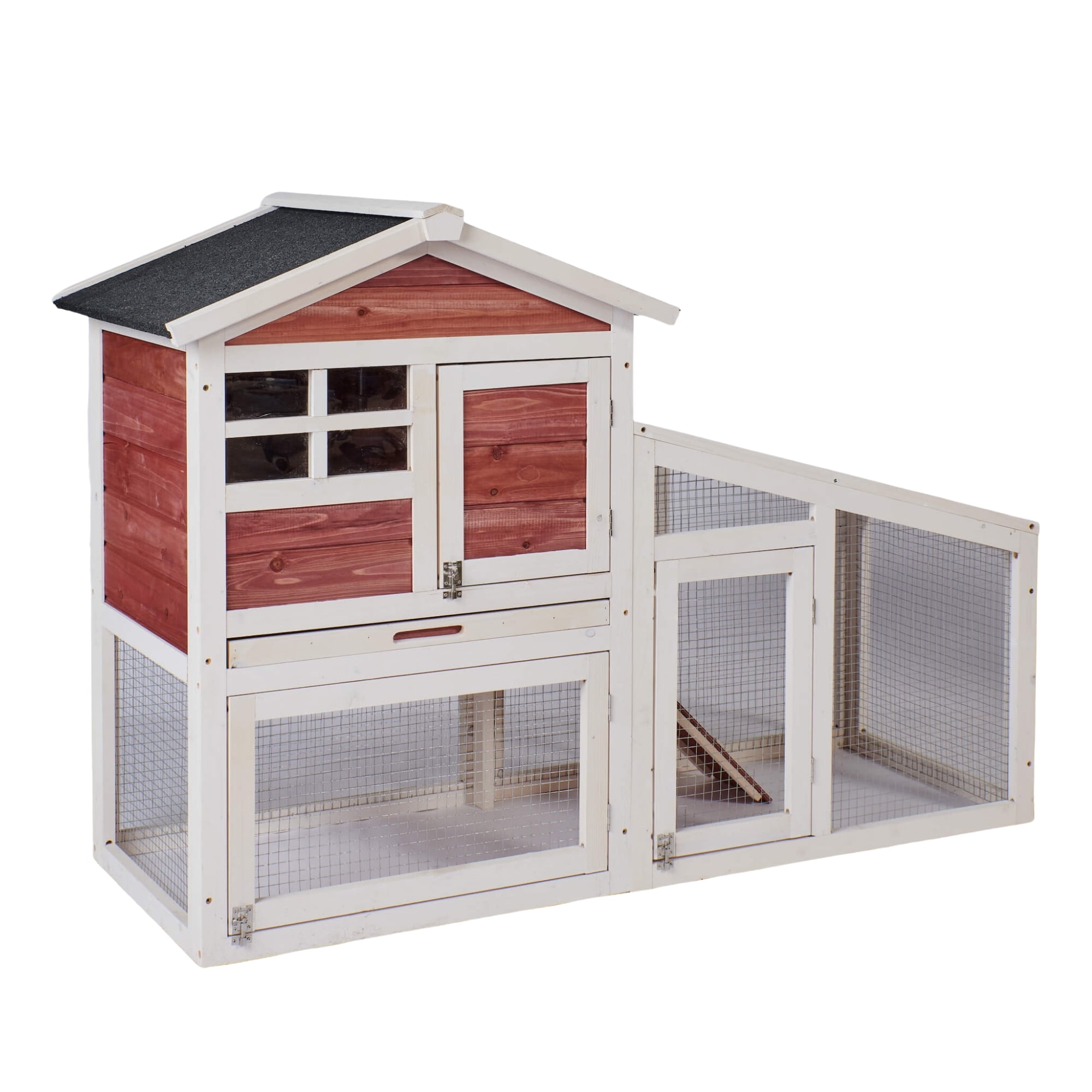 Kepooman 2-Tier Wooden Bunny Cage with Ventilation Door & Removable Tray, Rabbit Hutch Hen House, Auburn