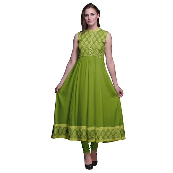 Bimba Light Green Block Printed Women Designer Mandarin Collar Anarkali Dress Indian Ethnic Kurta XX-Large