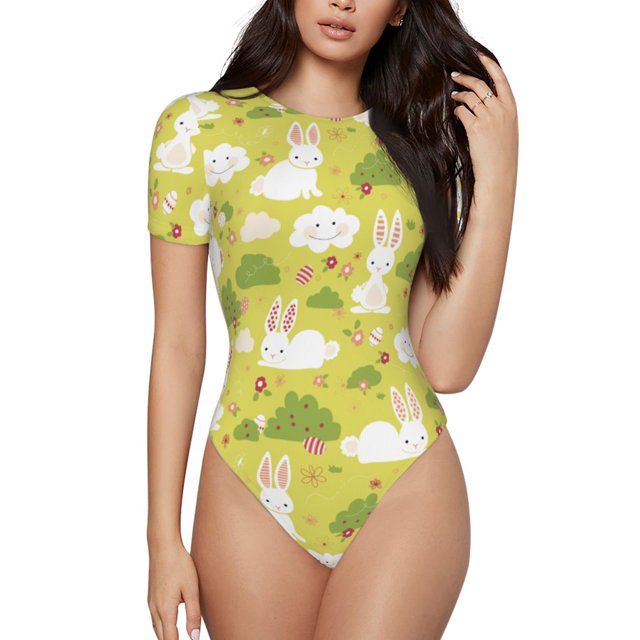 Bingfone Motif Lapin de Pâques Justaucorps à Col Rond pour Femmes, Bouton Pression Manches Courtes Justaucorps, Adapté pour Fête, Sports, Usage Quotidien-Moyen