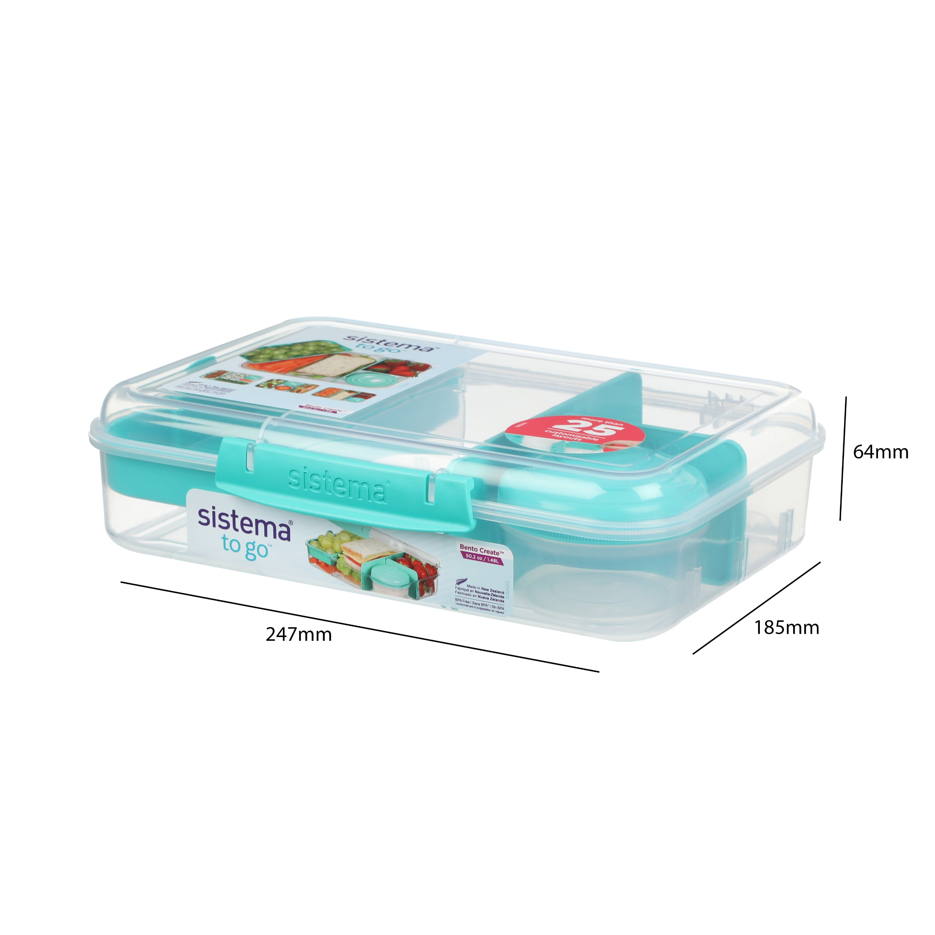 Sistema To Go Bento Box Create, Lunch Box with Compartments & Snack Container, 1.48 L, BPA-Free, Minty Teal, BPA-Free