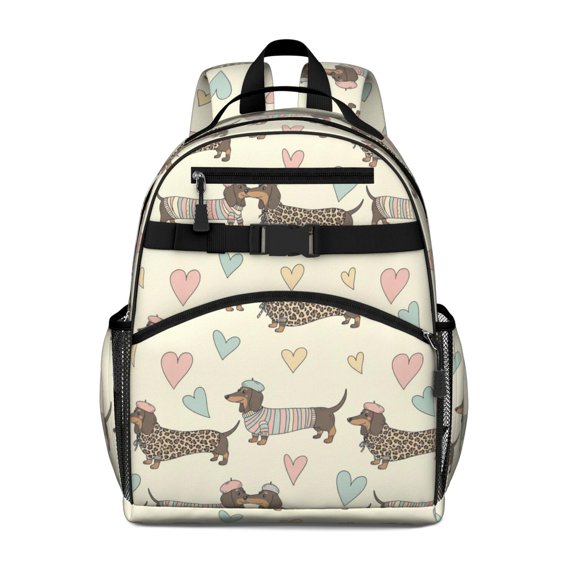 Dachshund and Heart Beige Pattern Cute School Backpack Bag for School with Padded Back and Adjustable Shoulder Straps 15.25"x11.5"x5.25"