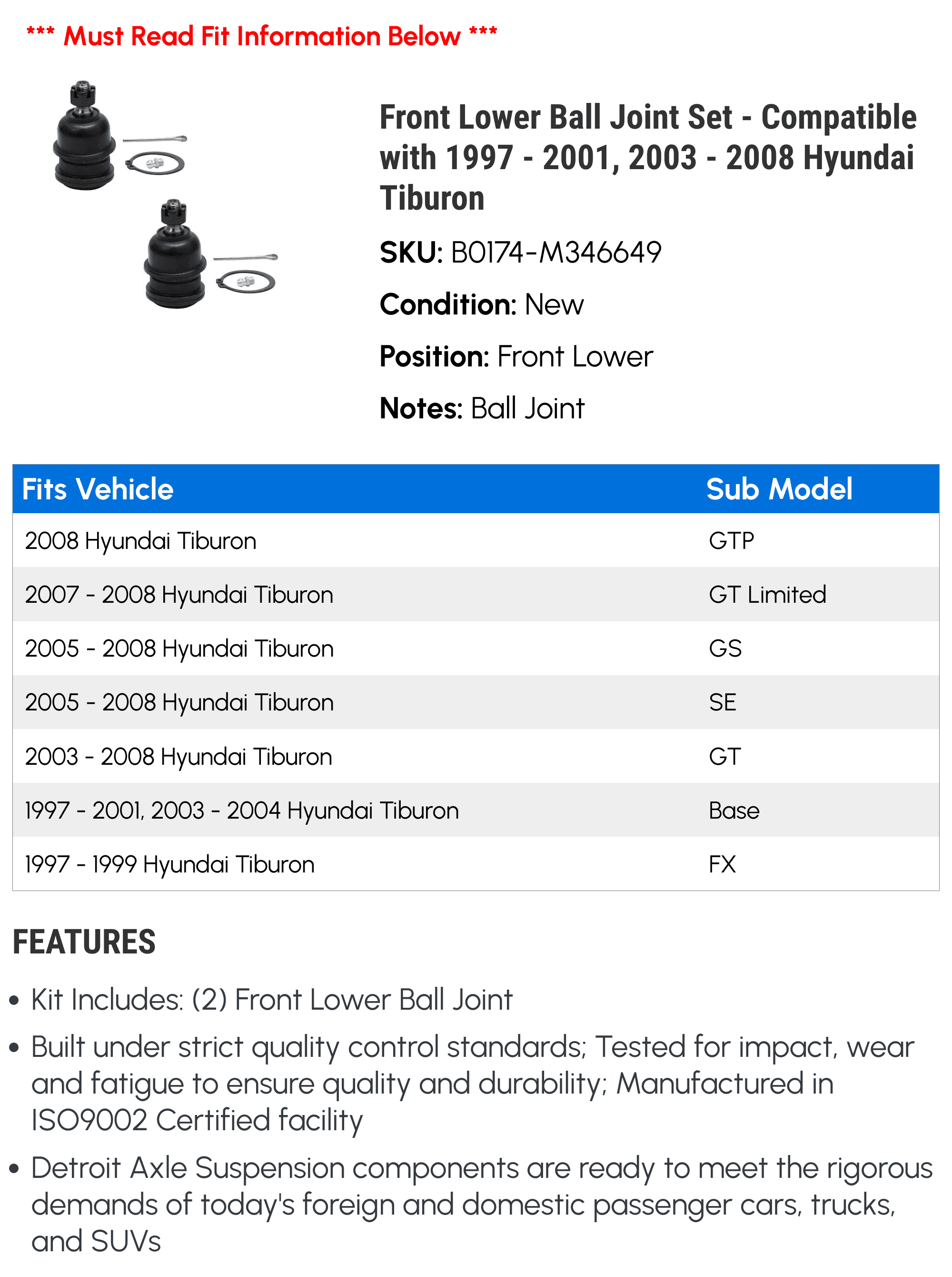 Front Lower Ball Joint Set - Compatible with 1997 - 2001, 2003 - 2008 Hyundai Tiburon 1998 1999 2000 2004 2005 2006 2007