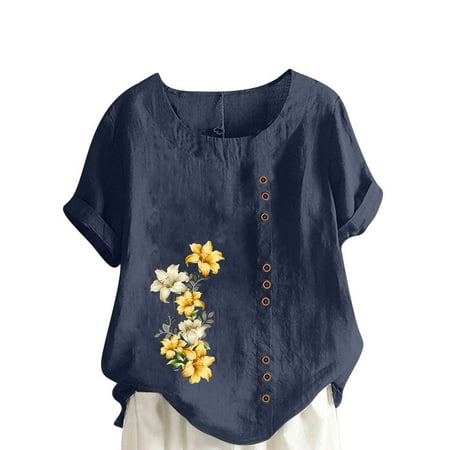 

Plus Size Women s Summer Oversize Casual Round-Neck Short Sleeve Flower Printing Loose Shirt Tops Navy 4XL