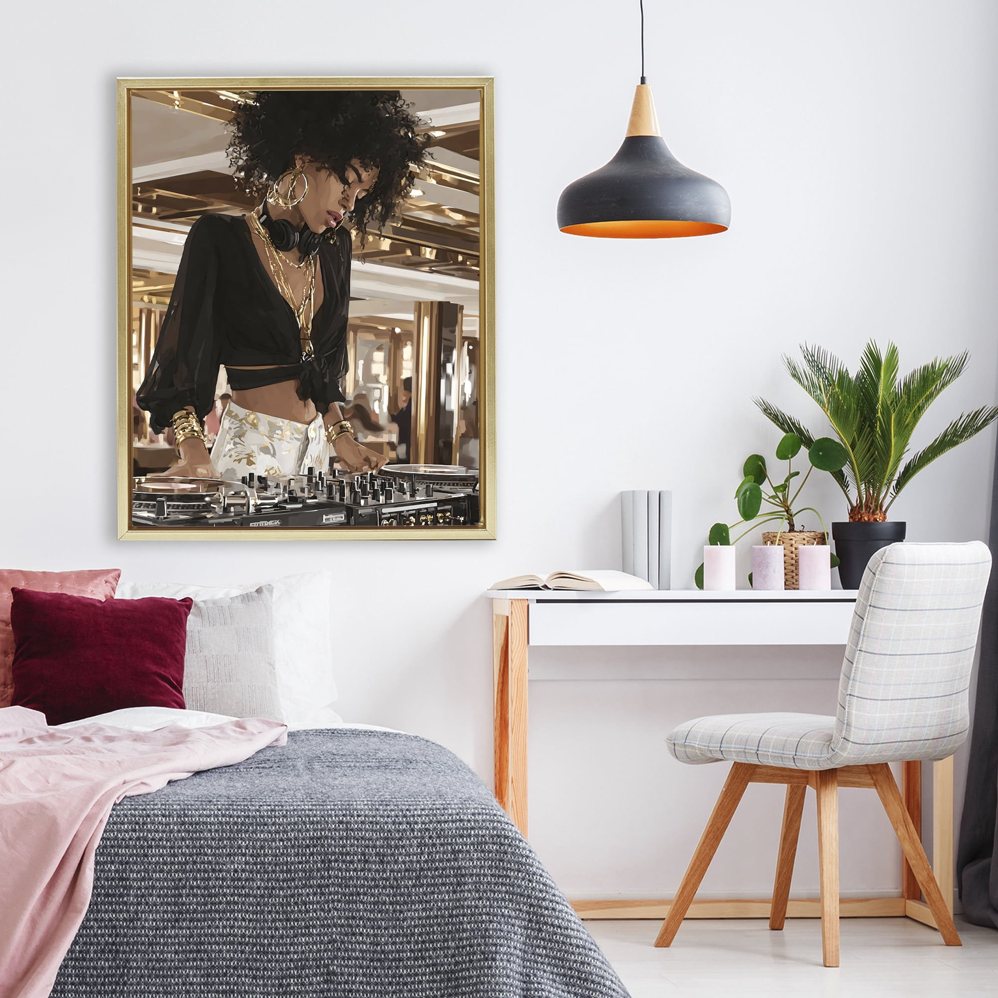 Stupell Industries Woman Of Music Live DJ Gold Framed Floater Canvas Wall Art, design by Franklyn Gregory