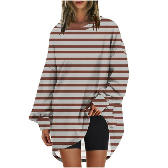 GA WEIHUA Oversized Sweatshirt for Women Crewneck Long Sleeve Lightweight Pullover Striped Color Block Tunic Shirts Tops,Fall Saving(Brown,XXL)