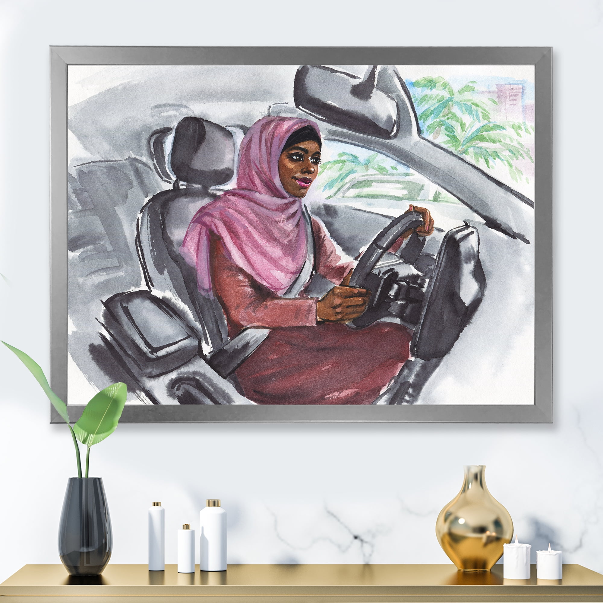 Designart 'Arabian Lady Driving A Car III' Modern Framed Art Print