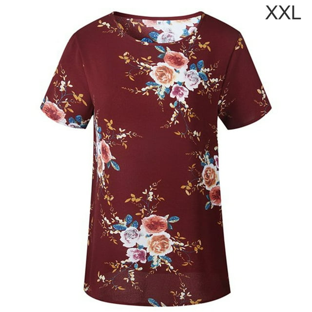 Camiseta de mujer con estampado floral, manga corta, cuello redondo, blusa informal, rojo vino, XXL Methold AP001919-11