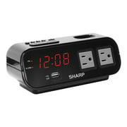 Sharp Digital Alarm Clock with 2X Power Outlets with Surge Protect and Rapid Charge USB Port - Grey Outlets
