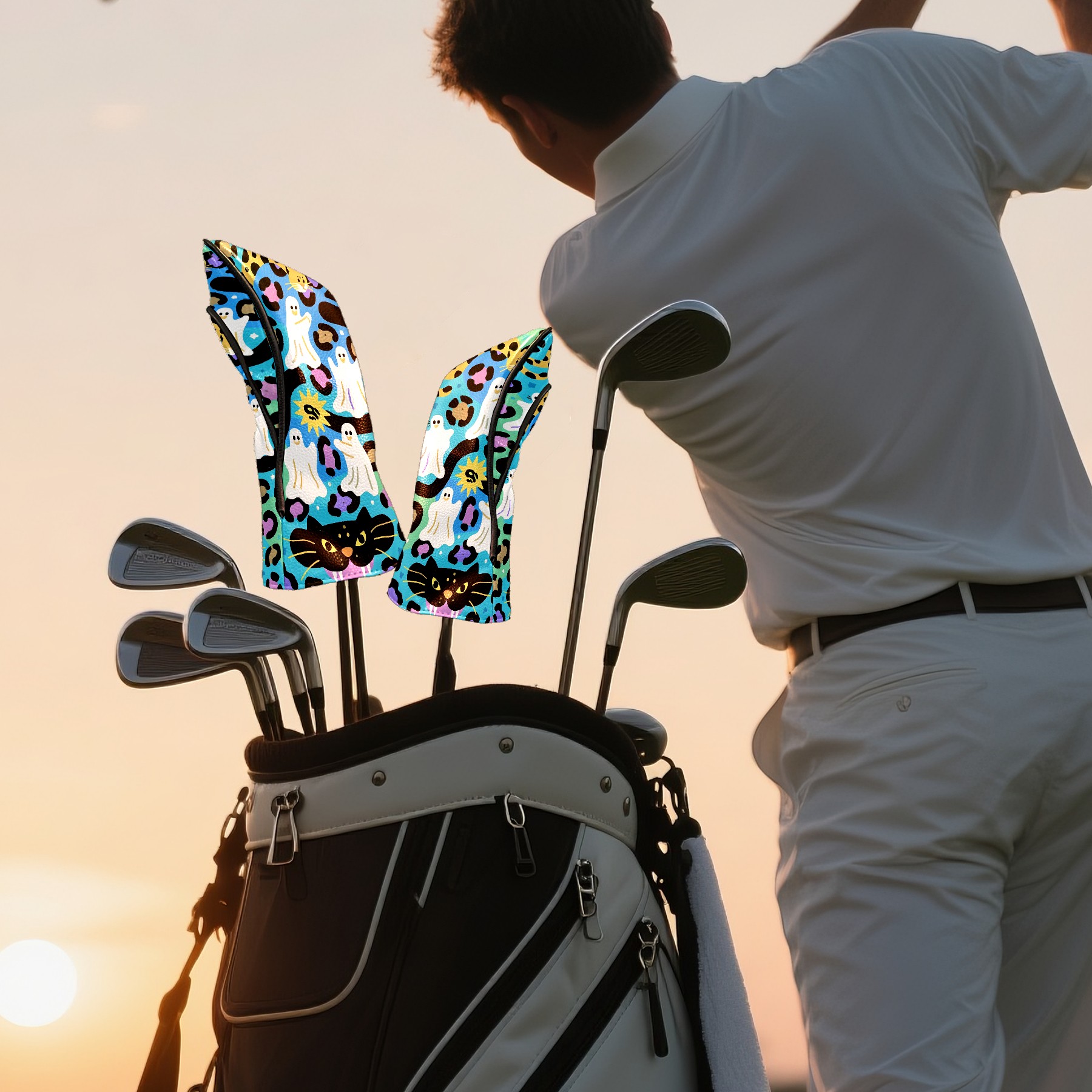 Golf Club Head Covers - Beige Butterfly Design, Waterproof, Velvet Lining, Fits Driver/Hybrid/Putter, Gift for Men & Women