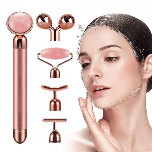 Jade Roller Facial Tools 5-in-1 Face Massager Roller 24k Golden Face Roller, Arm Eye Nose Massage for Face Facial Massager Skin Care Tools Pink
