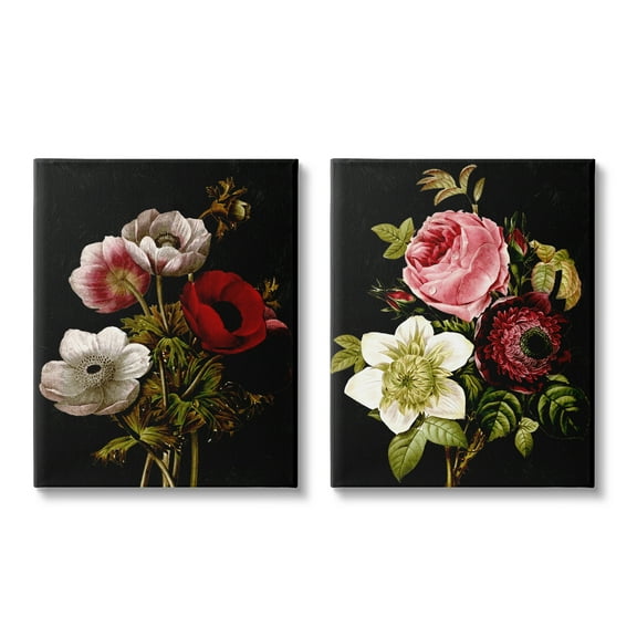 Stupell Industries Vintage Blooms on Black Botanical & Floral Painting Gallery Wrapped Canvas Print Wall Art, 16 x 20, Set of 2