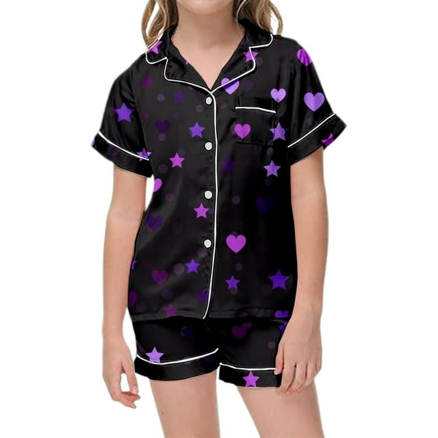Pyjamas en Satin pour Filles Imprimé Manches Courtes Boutonné Ensemble de Vêtements de Maison Pyjamas Classiques Ensemble de Pyjamas pour Filles Garçons Filles Mode