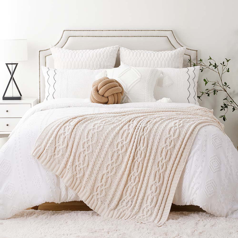 Battilo Cream Chenille Knit Throw Blanket, Textured Woven Decorative Blanket for Couch Bed,51"x67"