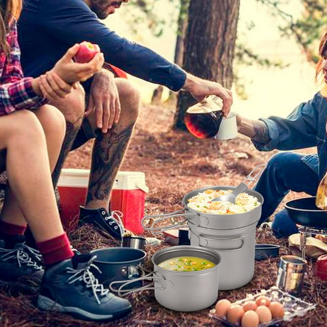 Set Camping Titanium Cookware Set 1000ml 750ml Pot Pan Spoon Set for Outdoor Camping Hiking Backpacking Picnic Cooking Equipment