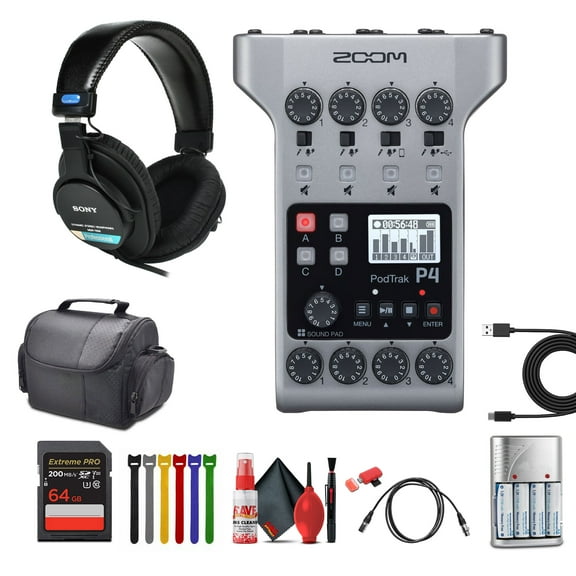 Zoom PodTrak P4 Portable Multitrack Podcast Recorder Bundle With MDR-7506 Professional Stereo Headphones   64GB Memory Card   Travel Bag   Diginerds USB Card Reader   More