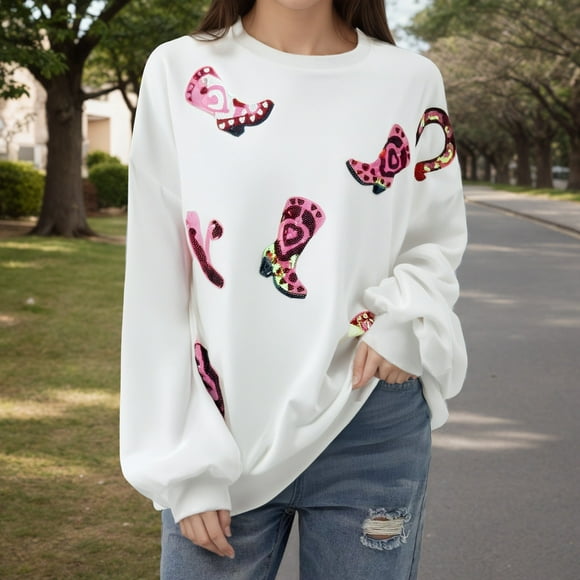 Women's Hoodless Sweatshirt Casual Loose Fit Pullover with Rhinestone Round Neck Long Sleeve Top for Every Occasion